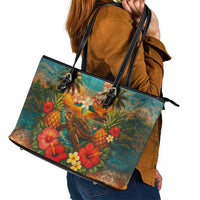 Hawaiian Turtles on Beach Leather Tote Bag with Pineapple Tropical Plant and Lei LT03 - Polynesian Pride