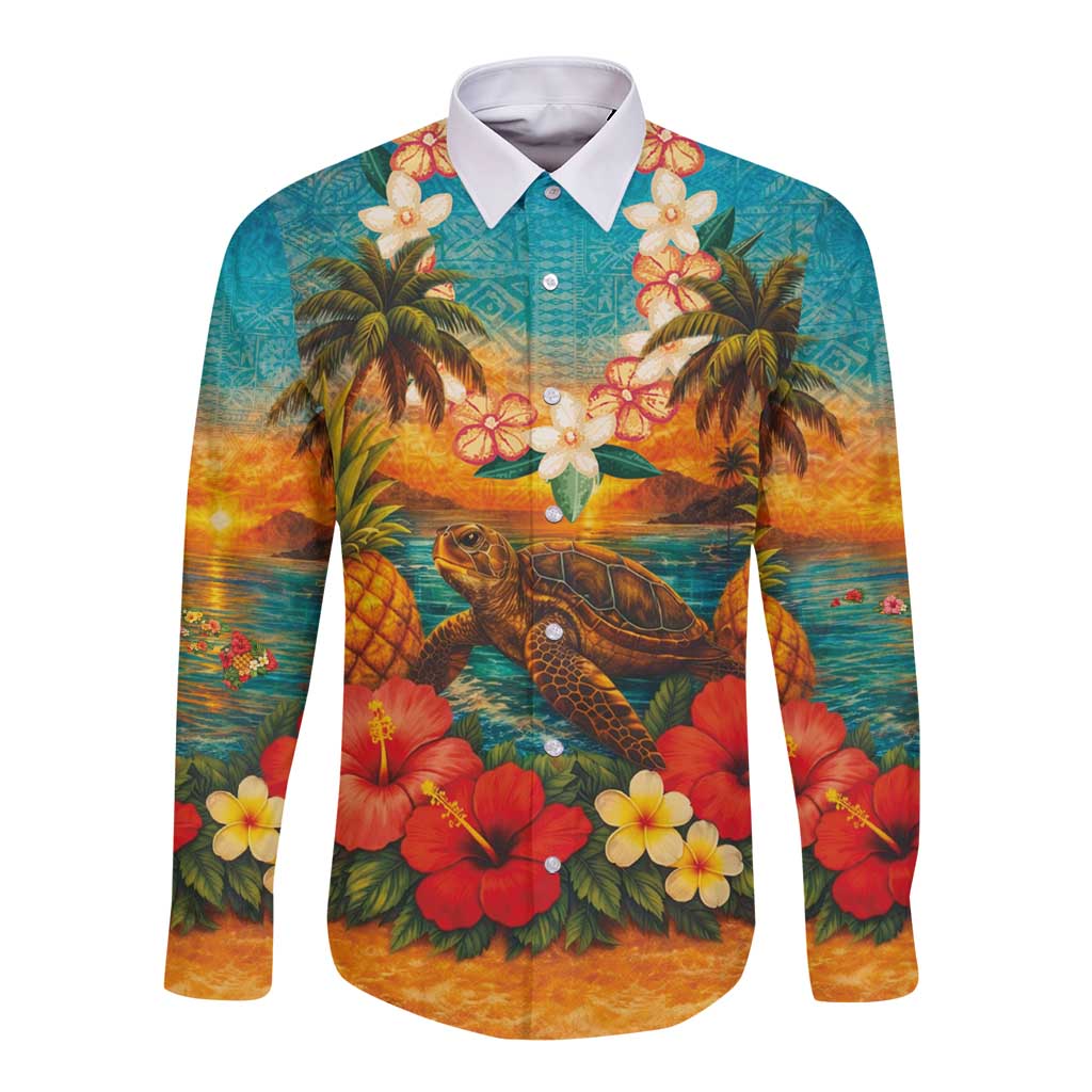 Hawaiian Turtles on Beach Long Sleeve Button Shirt with Pineapple Tropical Plant and Lei LT03 Unisex Multicolor - Polynesian Pride