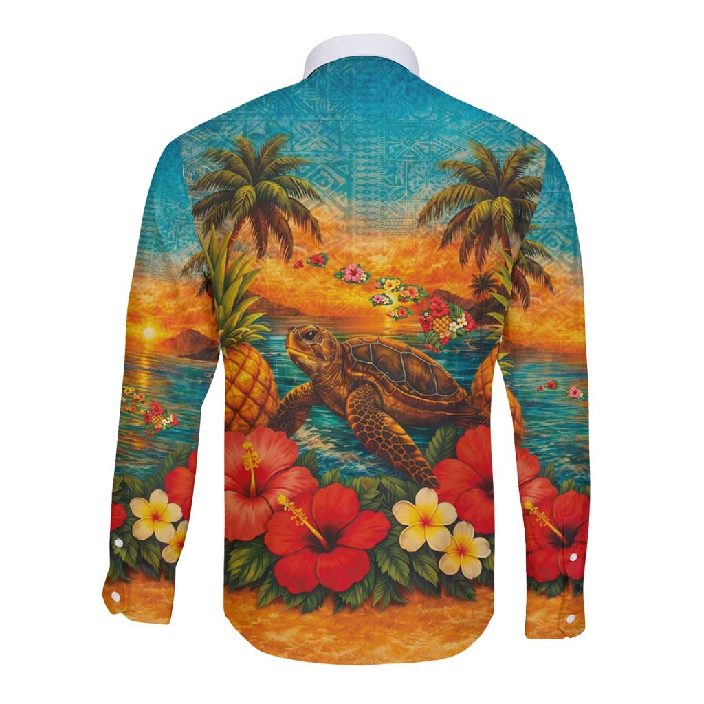 Hawaiian Turtles on Beach Long Sleeve Button Shirt with Pineapple Tropical Plant and Lei LT03 - Polynesian Pride