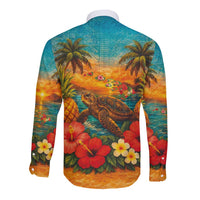 Hawaiian Turtles on Beach Long Sleeve Button Shirt with Pineapple Tropical Plant and Lei LT03 - Polynesian Pride