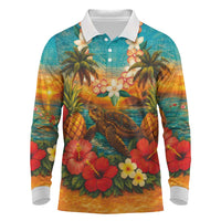 Hawaiian Turtles on Beach Long Sleeve Polo Shirt with Pineapple Tropical Plant and Lei LT03 Multicolor - Polynesian Pride