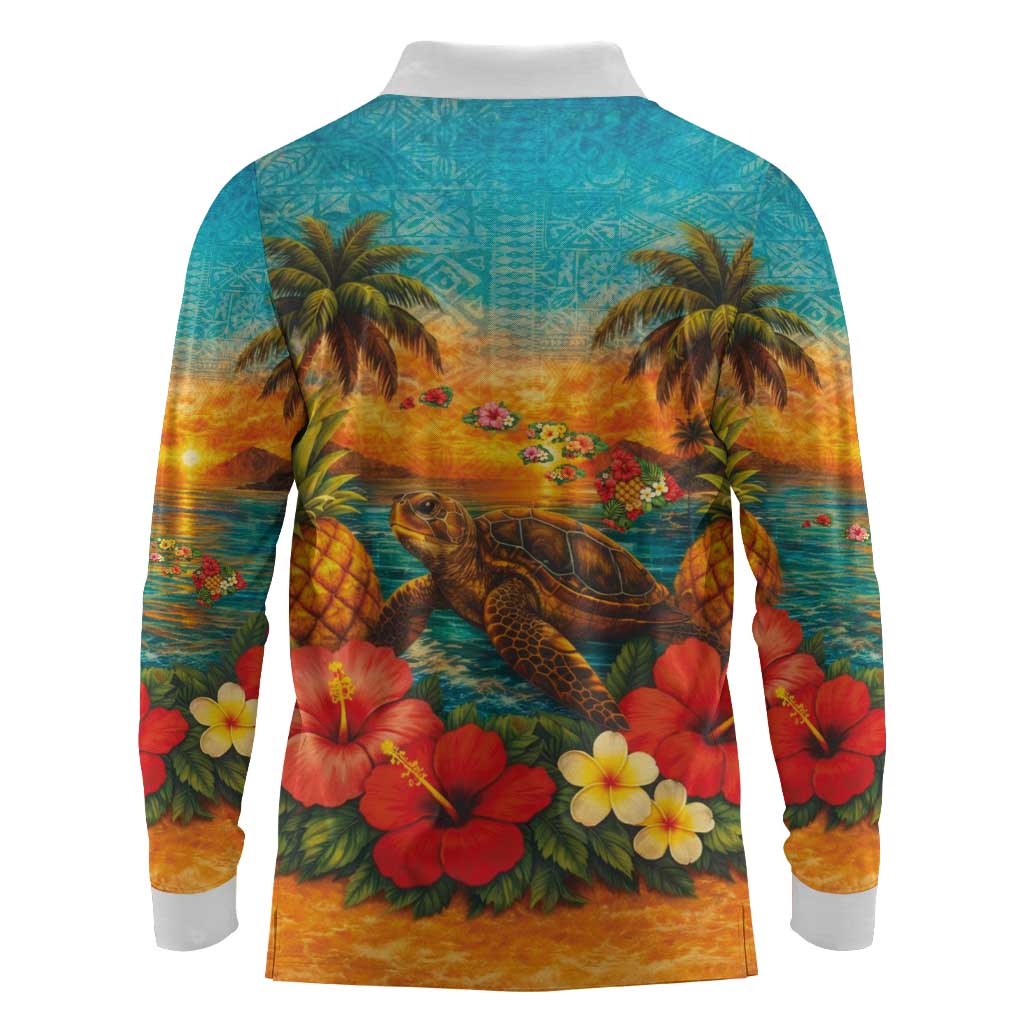 Hawaiian Turtles on Beach Long Sleeve Polo Shirt with Pineapple Tropical Plant and Lei LT03 - Polynesian Pride