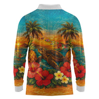 Hawaiian Turtles on Beach Long Sleeve Polo Shirt with Pineapple Tropical Plant and Lei LT03 - Polynesian Pride