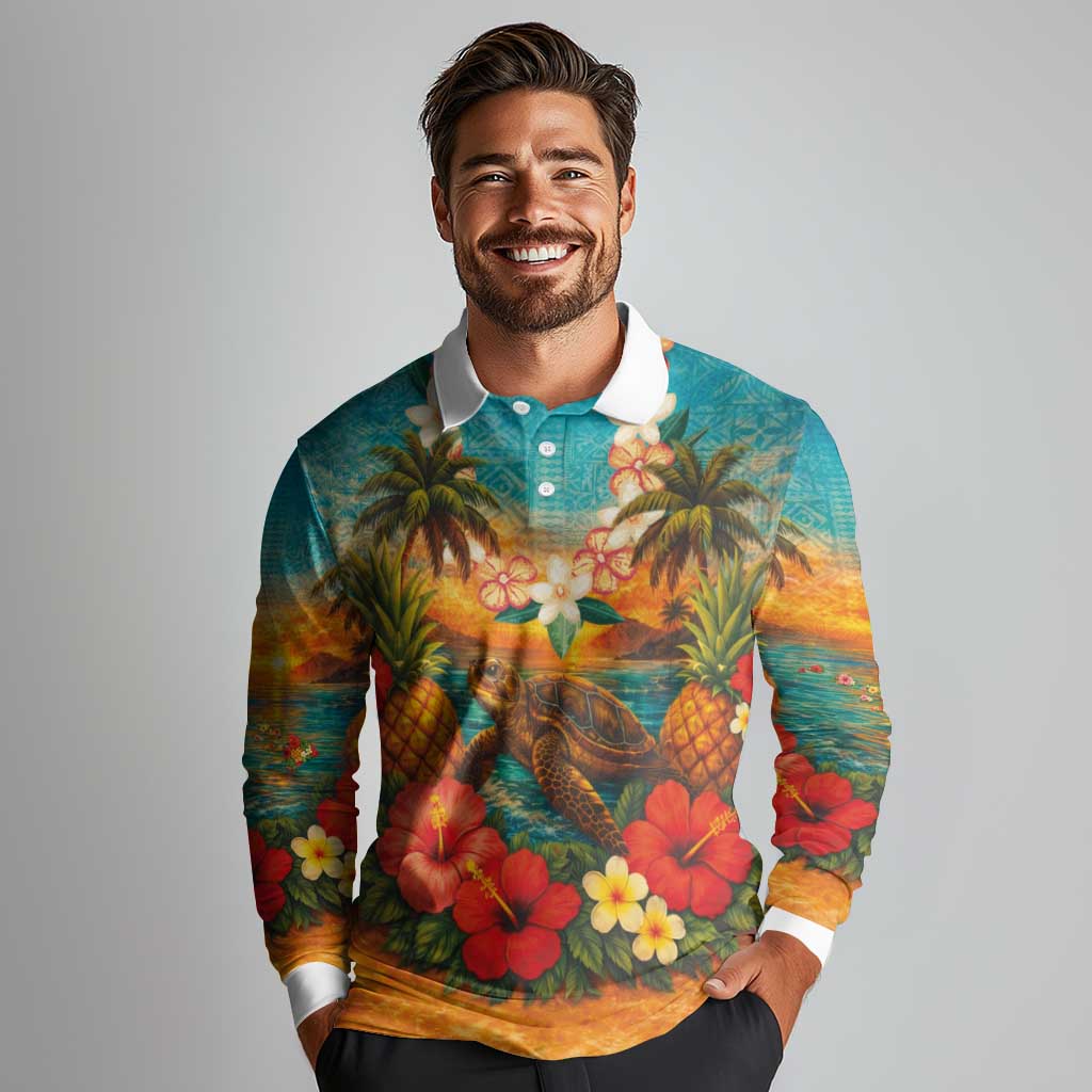 Hawaiian Turtles on Beach Long Sleeve Polo Shirt with Pineapple Tropical Plant and Lei LT03 - Polynesian Pride