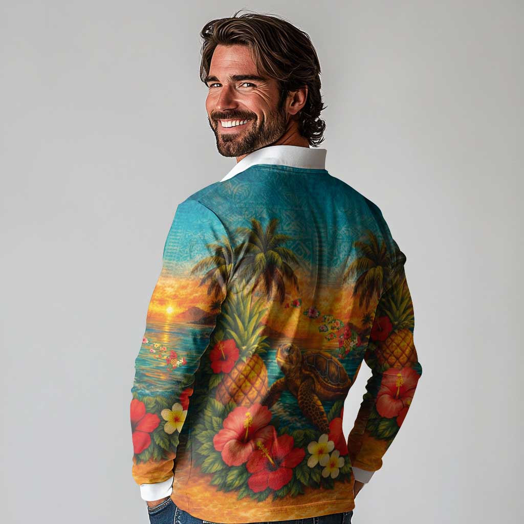 Hawaiian Turtles on Beach Long Sleeve Polo Shirt with Pineapple Tropical Plant and Lei LT03 - Polynesian Pride