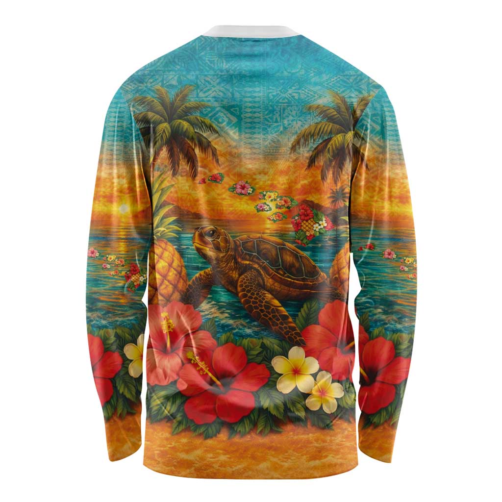Hawaiian Turtles on Beach Long Sleeve Shirt with Pineapple Tropical Plant and Lei LT03 - Polynesian Pride