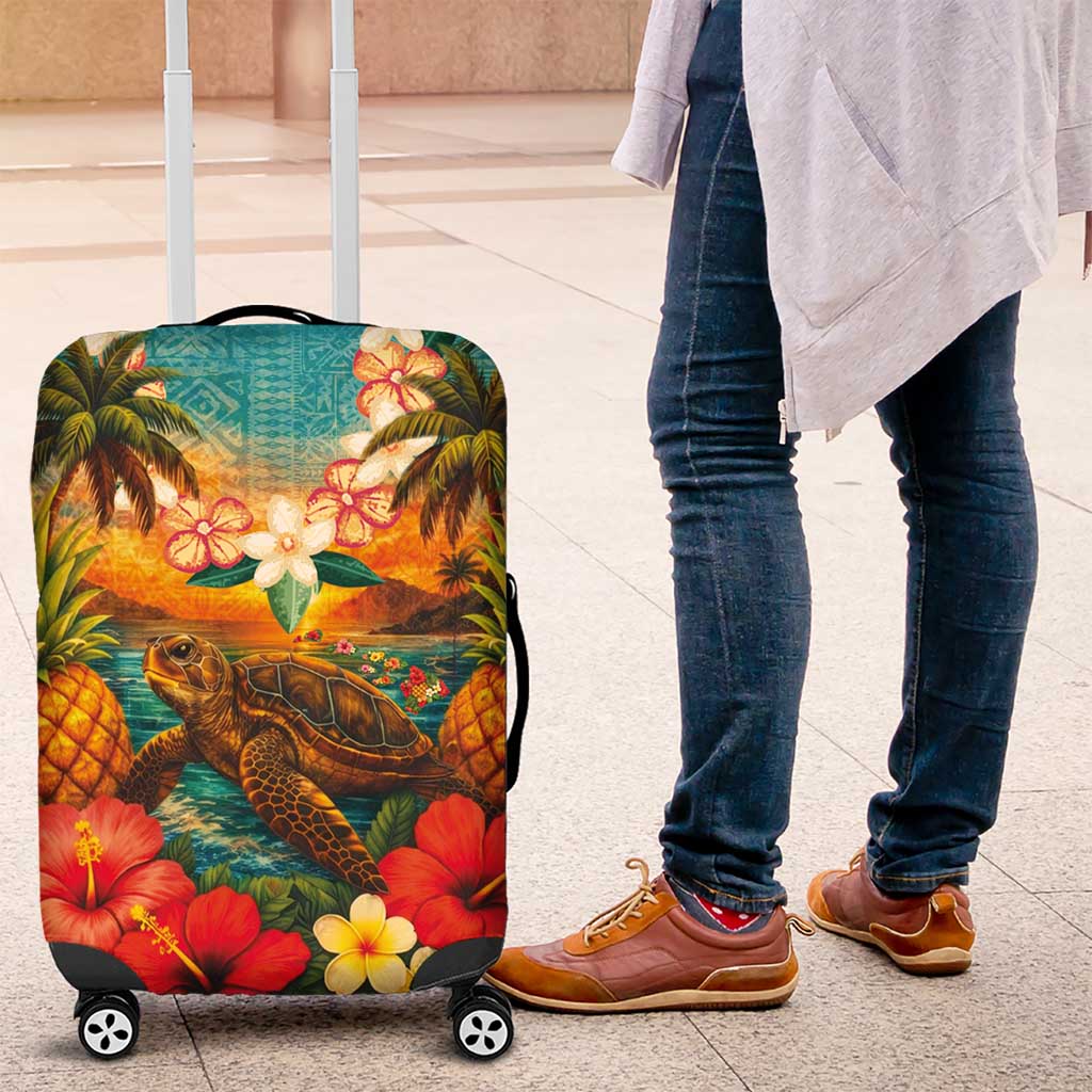 Hawaiian Turtles on Beach Luggage Cover with Pineapple Tropical Plant and Lei LT03 Multicolor - Polynesian Pride