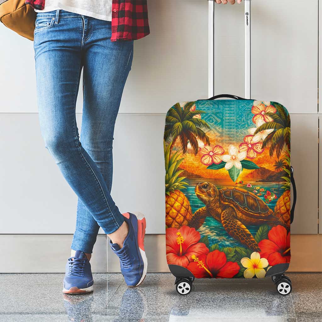 Hawaiian Turtles on Beach Luggage Cover with Pineapple Tropical Plant and Lei LT03 - Polynesian Pride