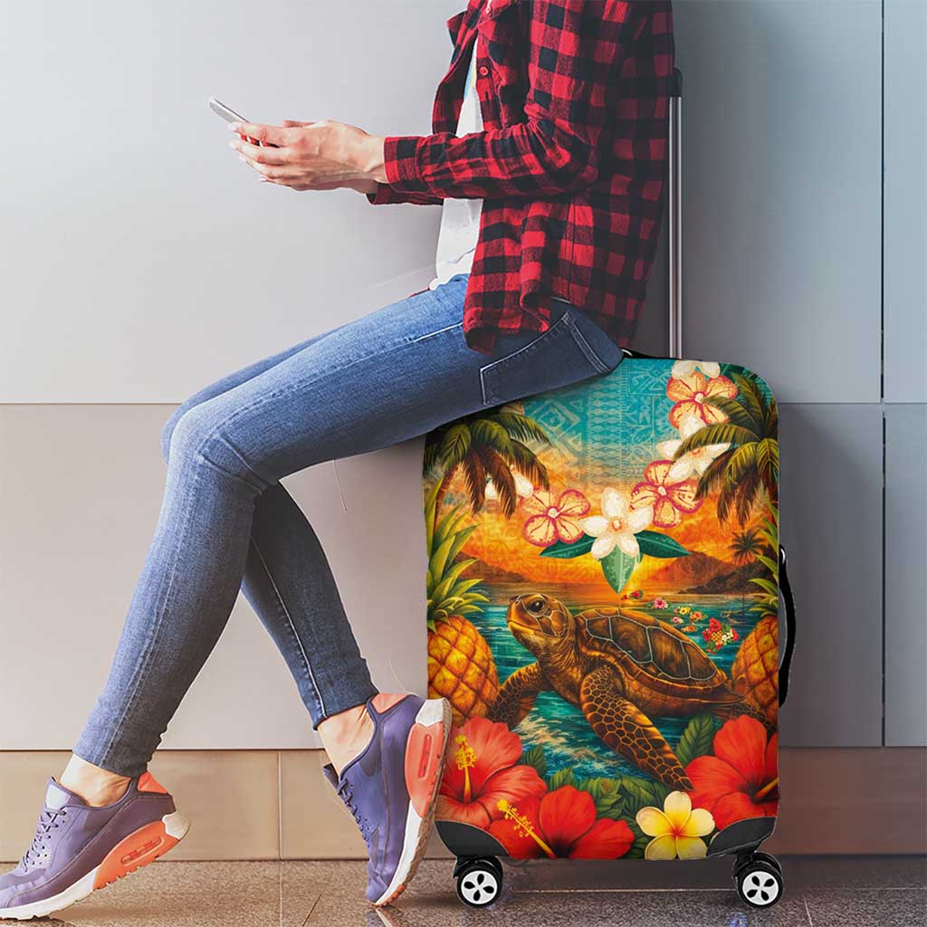 Hawaiian Turtles on Beach Luggage Cover with Pineapple Tropical Plant and Lei LT03 - Polynesian Pride