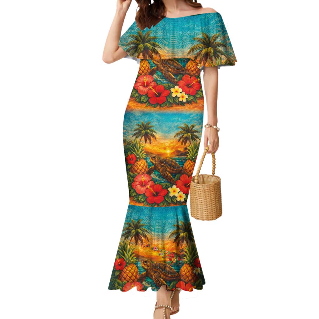 Hawaiian Turtles on Beach Mermaid Dress with Pineapple Tropical Plant and Lei LT03 Women Multicolor - Polynesian Pride