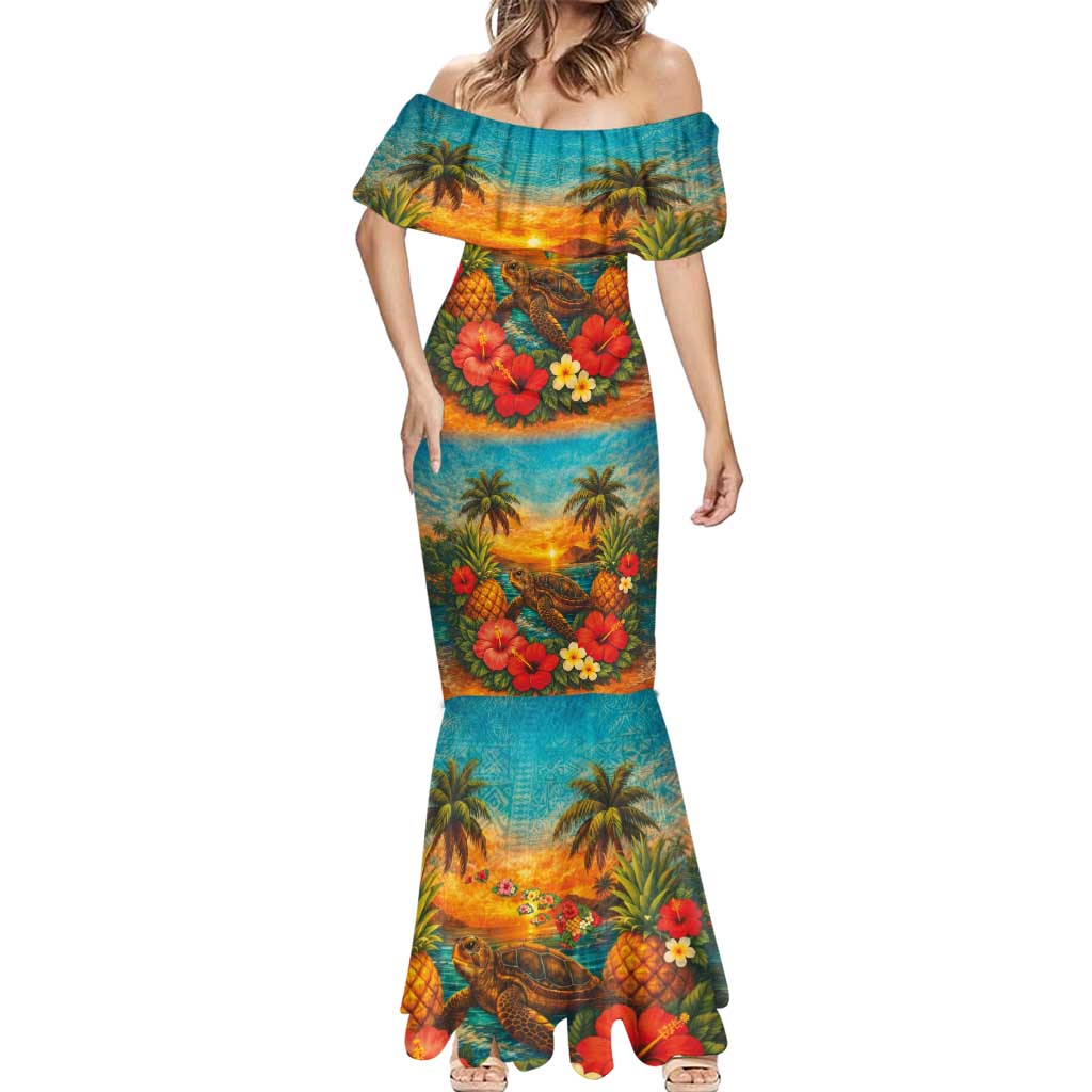Hawaiian Turtles on Beach Mermaid Dress with Pineapple Tropical Plant and Lei LT03 - Polynesian Pride