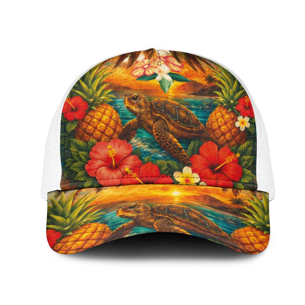 Hawaiian Turtles on Beach Mesh Trucker Cap with Pineapple Tropical Plant and Lei
