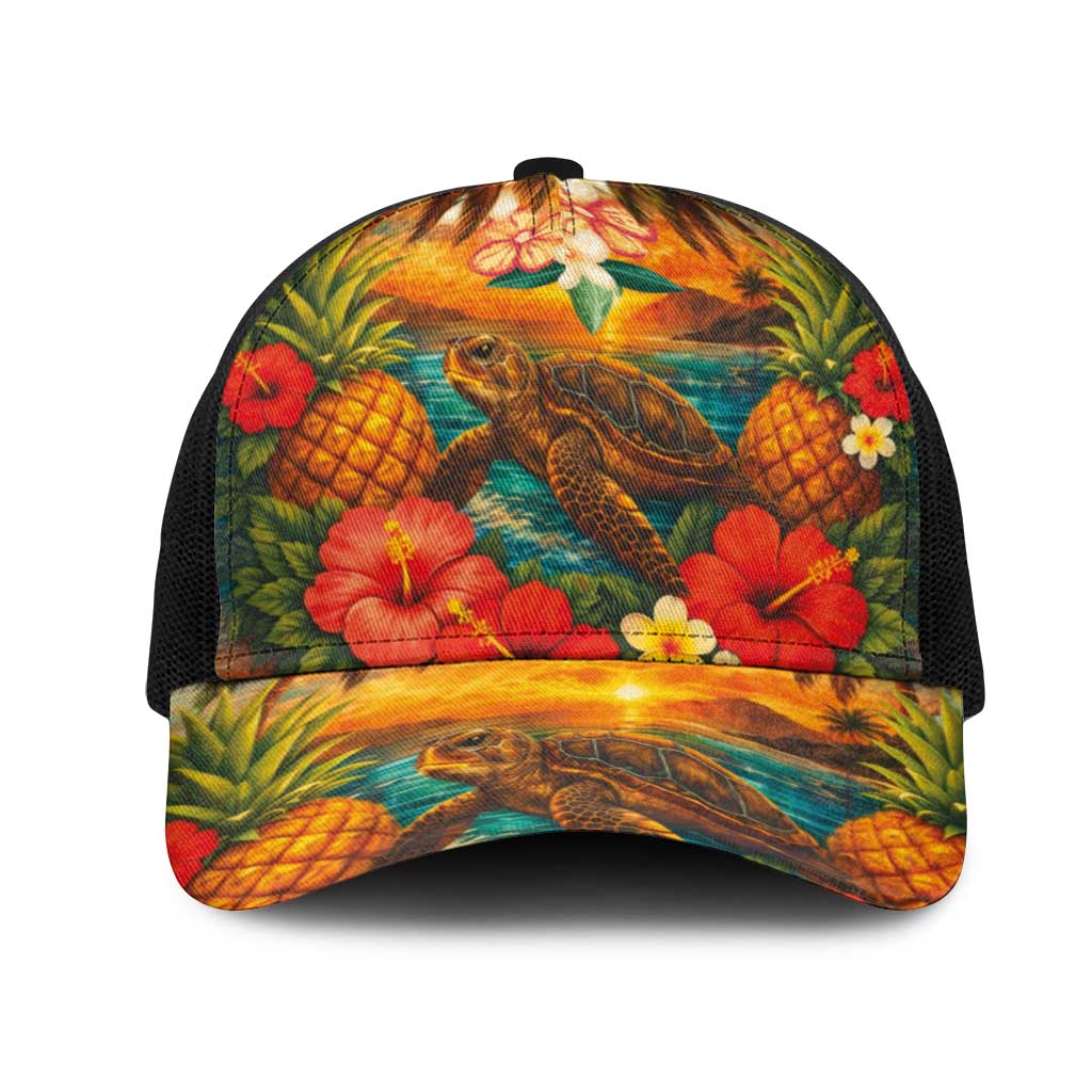 Hawaiian Turtles on Beach Mesh Trucker Cap with Pineapple Tropical Plant and Lei LT03 One Size Black Multicolor - Polynesian Pride