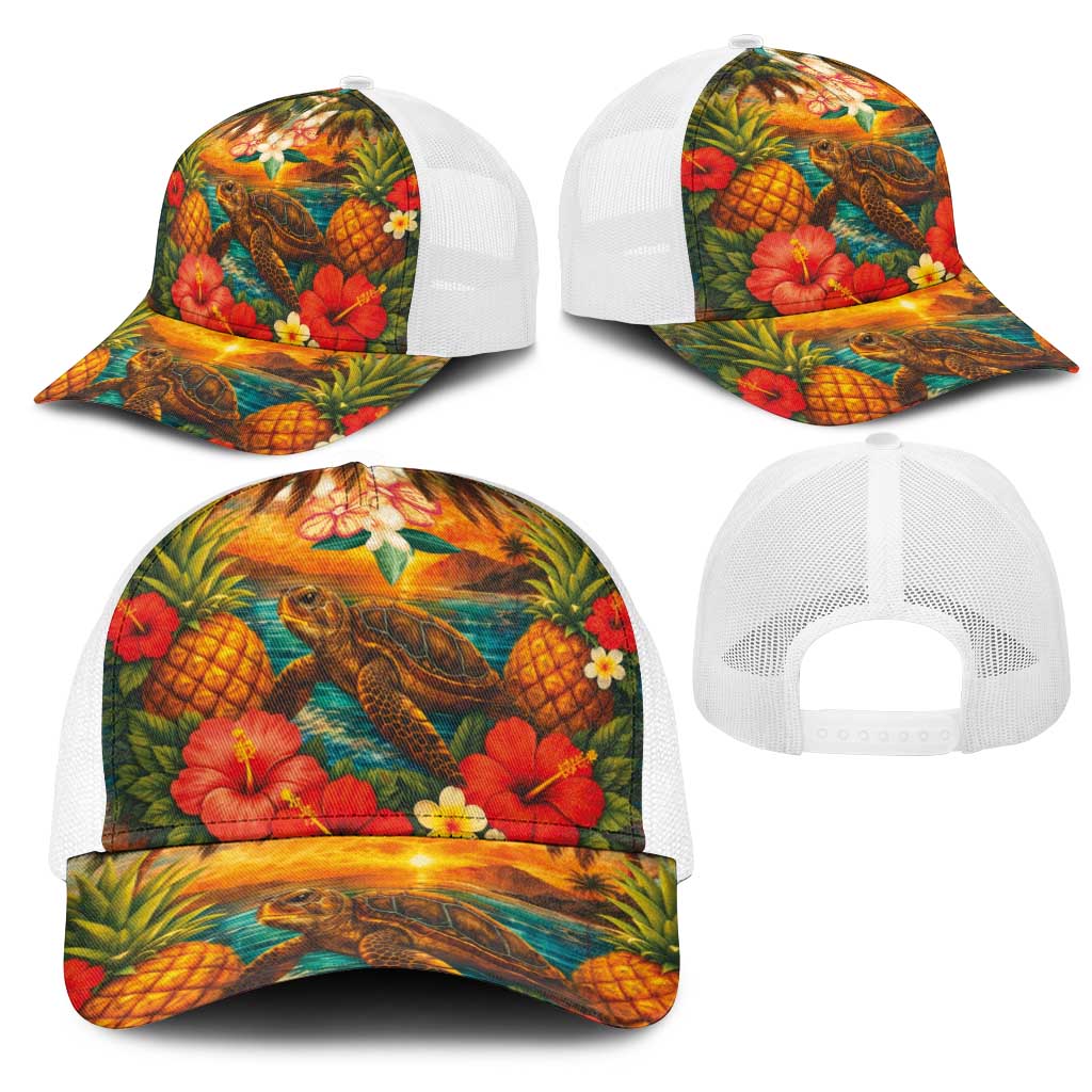 Hawaiian Turtles on Beach Mesh Trucker Cap with Pineapple Tropical Plant and Lei LT03 - Polynesian Pride