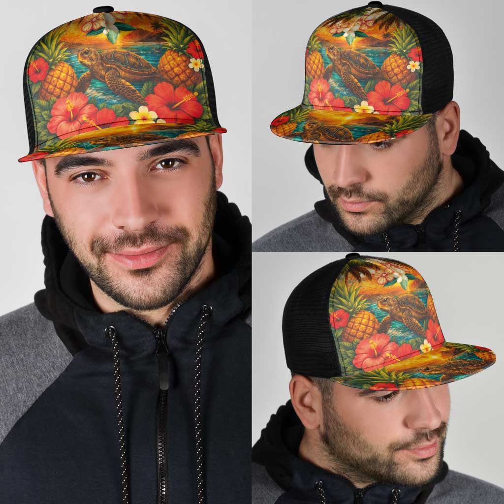 Hawaiian Turtles on Beach Mesh Trucker Cap with Pineapple Tropical Plant and Lei LT03 - Polynesian Pride