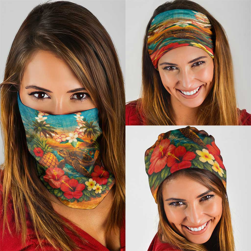 Hawaiian Turtles on Beach Neck Gaiter with Pineapple Tropical Plant and Lei LT03 - Polynesian Pride