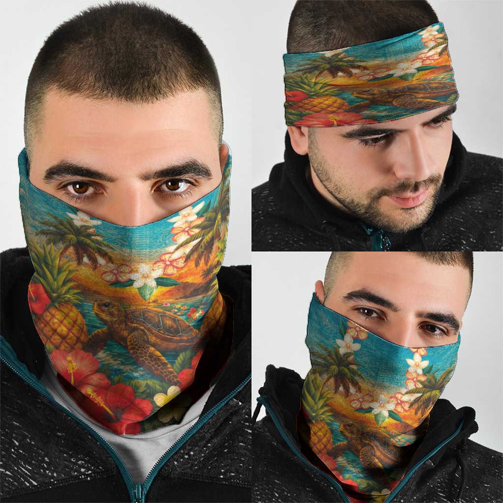 Hawaiian Turtles on Beach Neck Gaiter with Pineapple Tropical Plant and Lei LT03 - Polynesian Pride