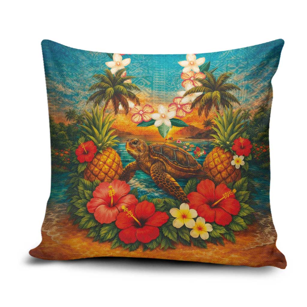 Hawaiian Turtles on Beach Pillow Cover with Pineapple Tropical Plant and Lei LT03 Multicolor - Polynesian Pride