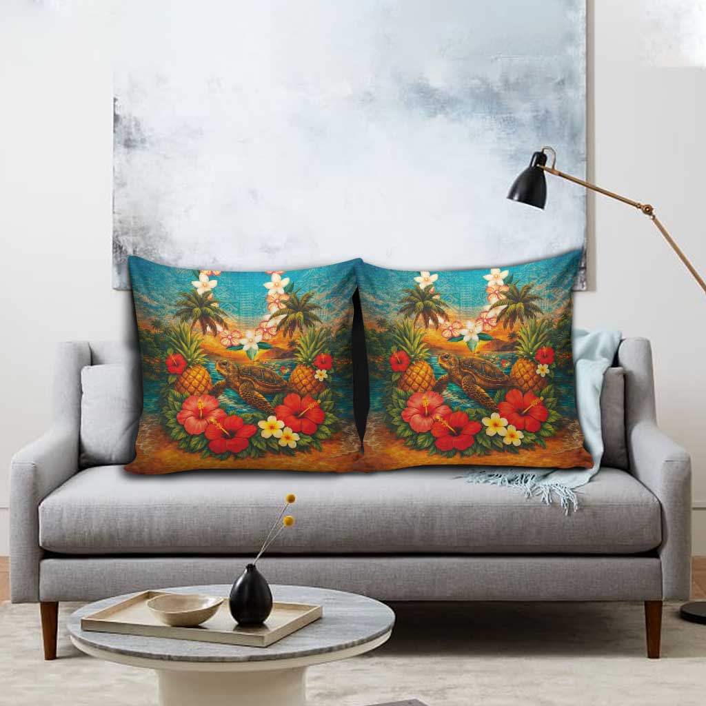 Hawaiian Turtles on Beach Pillow Cover with Pineapple Tropical Plant and Lei LT03 - Polynesian Pride