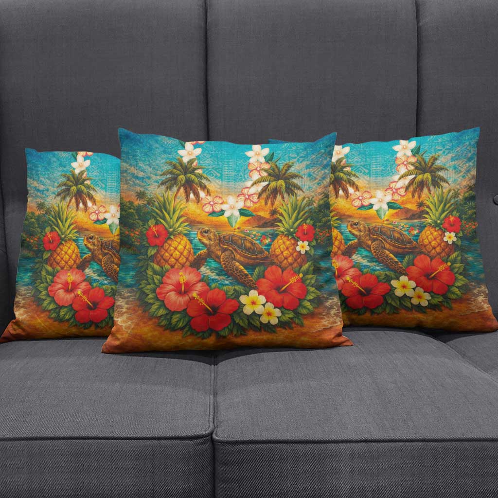 Hawaiian Turtles on Beach Pillow Cover with Pineapple Tropical Plant and Lei LT03 - Polynesian Pride