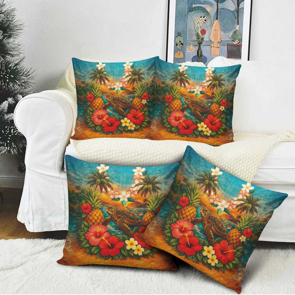 Hawaiian Turtles on Beach Pillow Cover with Pineapple Tropical Plant and Lei LT03 - Polynesian Pride