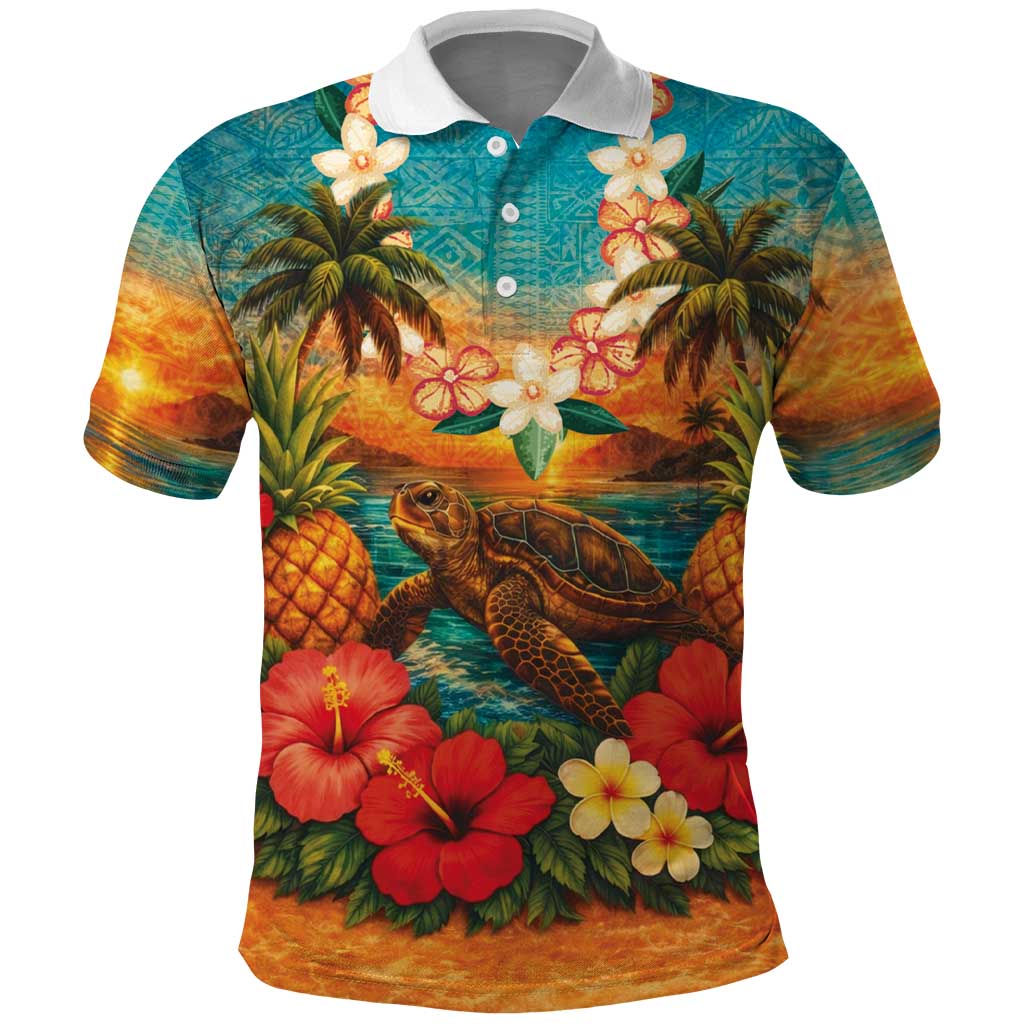 Hawaiian Turtles on Beach Polo Shirt with Pineapple Tropical Plant and Lei LT03 Multicolor - Polynesian Pride