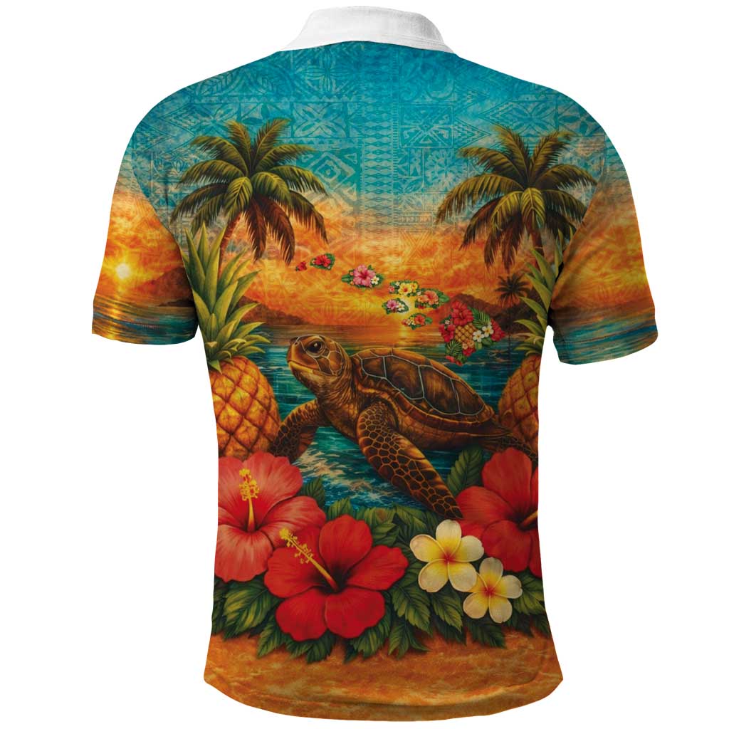 Hawaiian Turtles on Beach Polo Shirt with Pineapple Tropical Plant and Lei LT03 - Polynesian Pride