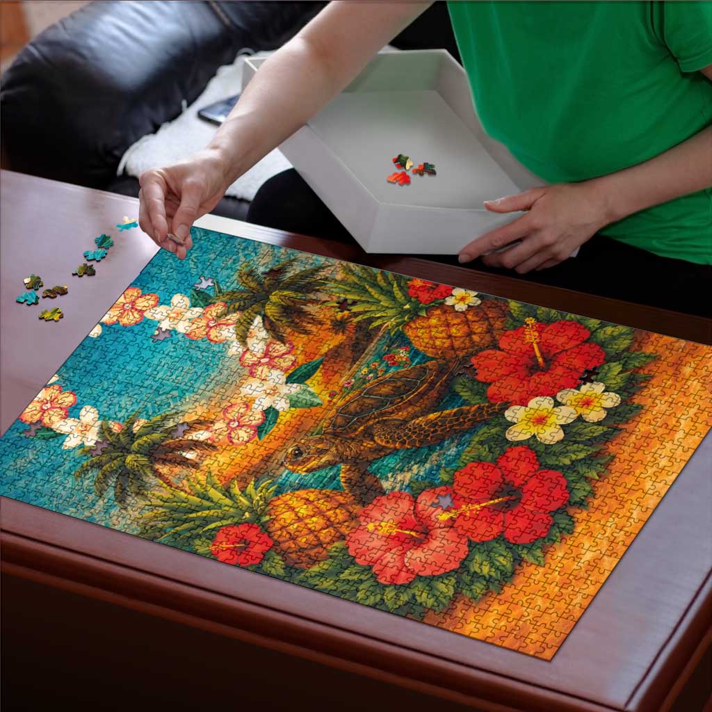 Hawaiian Turtles on Beach Puzzle with Pineapple Tropical Plant and Lei LT03 - Polynesian Pride