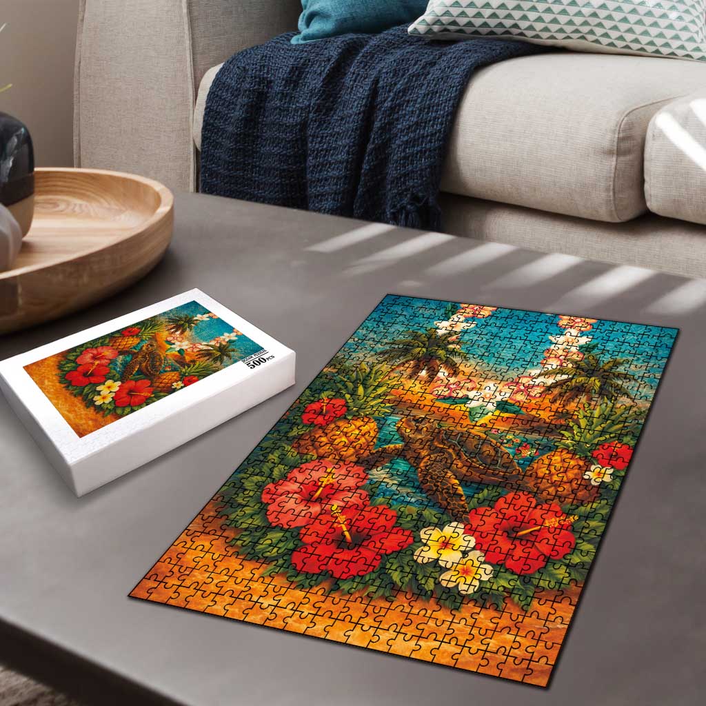 Hawaiian Turtles on Beach Puzzle with Pineapple Tropical Plant and Lei LT03 - Polynesian Pride