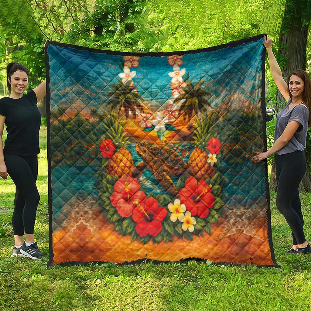 Hawaiian Turtles on Beach Quilt with Pineapple Tropical Plant and Lei LT03 - Polynesian Pride