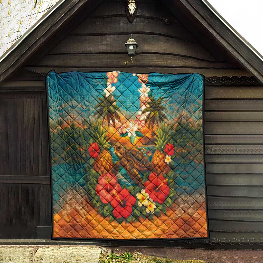 Hawaiian Turtles on Beach Quilt with Pineapple Tropical Plant and Lei LT03 - Polynesian Pride