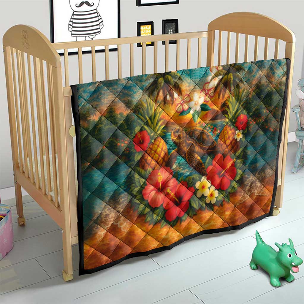 Hawaiian Turtles on Beach Quilt with Pineapple Tropical Plant and Lei LT03 - Polynesian Pride