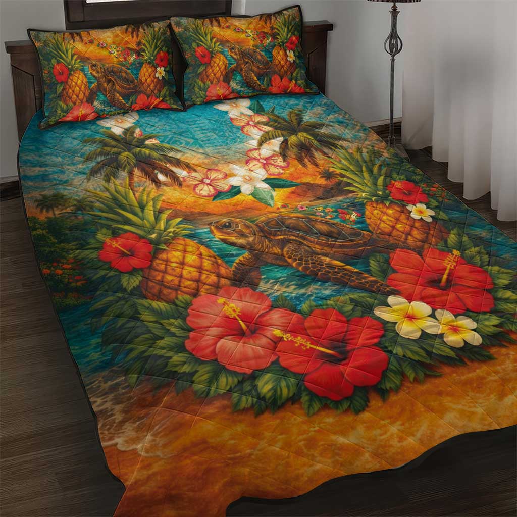 Hawaiian Turtles on Beach Quilt Bed Set with Pineapple Tropical Plant and Lei LT03 Multicolor - Polynesian Pride