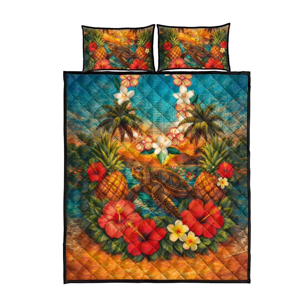 Hawaiian Turtles on Beach Quilt Bed Set with Pineapple Tropical Plant and Lei LT03 - Polynesian Pride