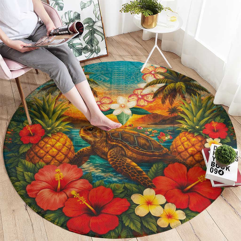 Hawaiian Turtles on Beach Round Carpet with Pineapple Tropical Plant and Lei LT03 - Polynesian Pride
