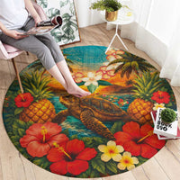 Hawaiian Turtles on Beach Round Carpet with Pineapple Tropical Plant and Lei LT03 - Polynesian Pride