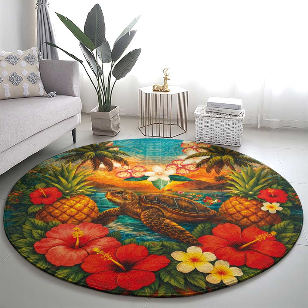 Hawaiian Turtles on Beach Round Carpet with Pineapple Tropical Plant and Lei LT03 - Polynesian Pride