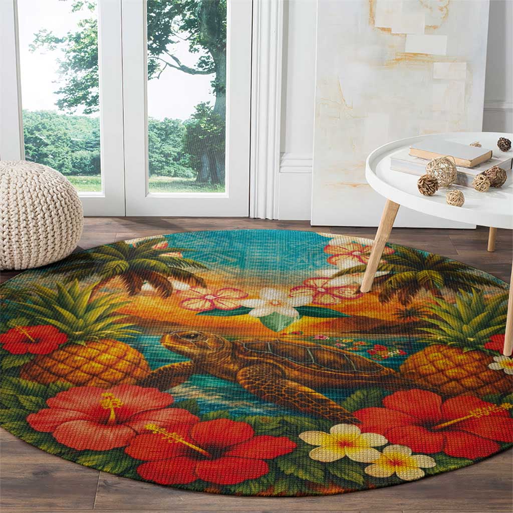 Hawaiian Turtles on Beach Round Carpet with Pineapple Tropical Plant and Lei LT03 - Polynesian Pride