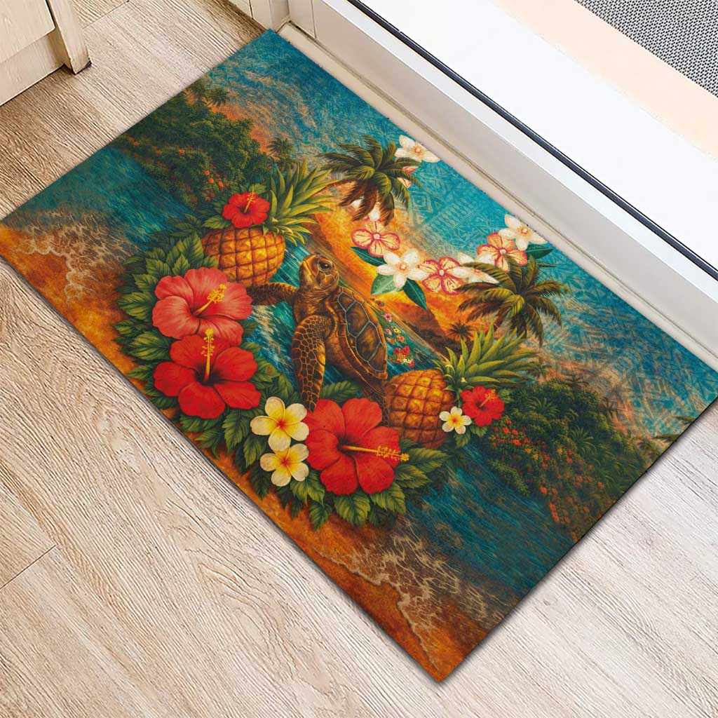 Hawaiian Turtles on Beach Rubber Doormat with Pineapple Tropical Plant and Lei LT03 - Polynesian Pride