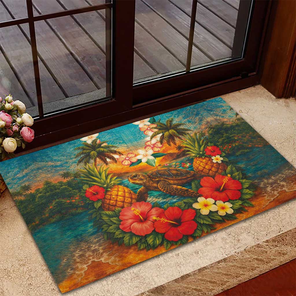 Hawaiian Turtles on Beach Rubber Doormat with Pineapple Tropical Plant and Lei LT03 - Polynesian Pride