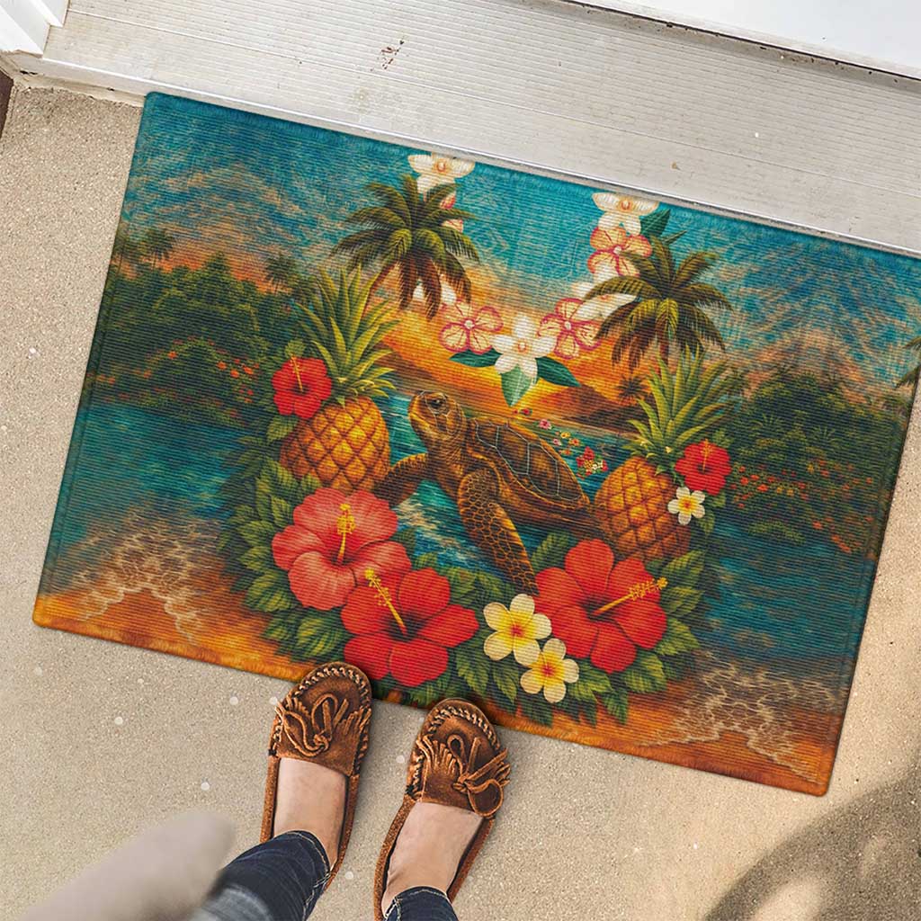 Hawaiian Turtles on Beach Rubber Doormat with Pineapple Tropical Plant and Lei LT03 - Polynesian Pride