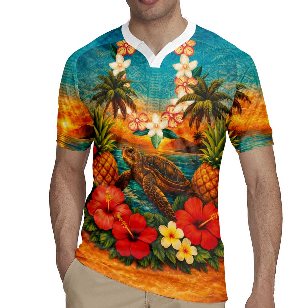Hawaiian Turtles on Beach Rugby Jersey with Pineapple Tropical Plant and Lei LT03 - Polynesian Pride
