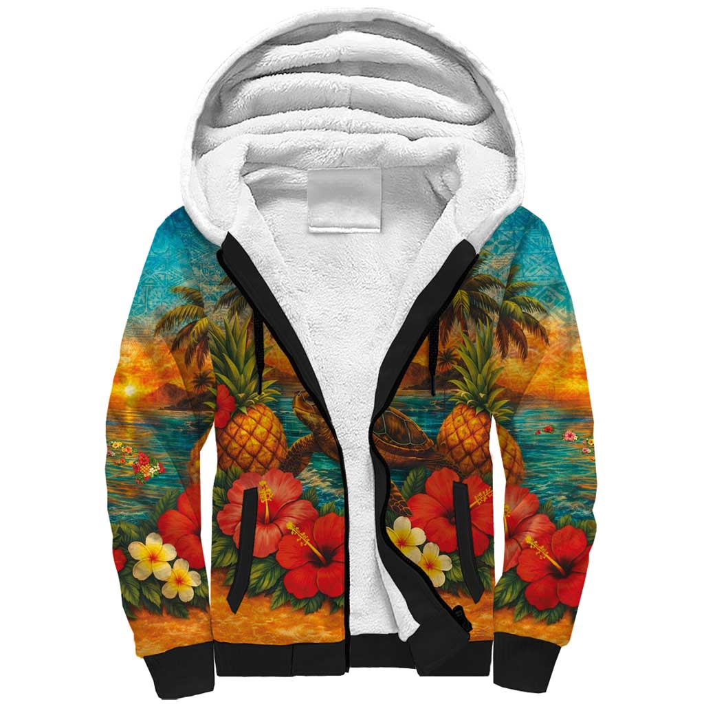Hawaiian Turtles on Beach Sherpa Hoodie with Pineapple Tropical Plant and Lei LT03 Unisex Multicolor - Polynesian Pride