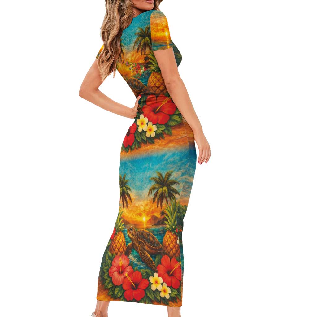 Hawaiian Turtles on Beach Short Sleeve Bodycon Dress with Pineapple Tropical Plant and Lei LT03 - Polynesian Pride