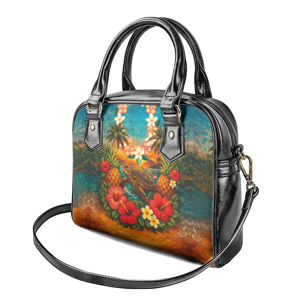 Hawaiian Turtles on Beach Shoulder Handbag with Pineapple Tropical Plant and Lei LT03 - Polynesian Pride