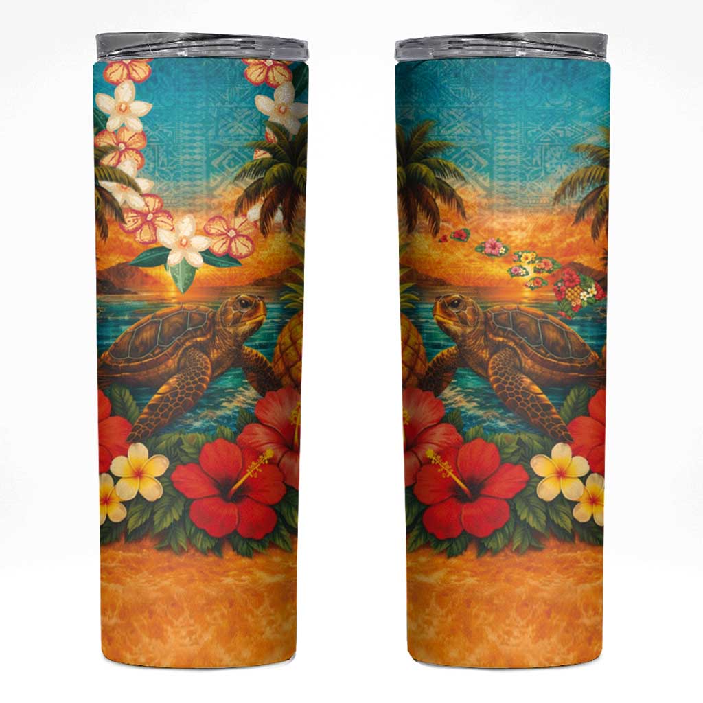 Hawaiian Turtles on Beach Skinny Tumbler with Pineapple Tropical Plant and Lei