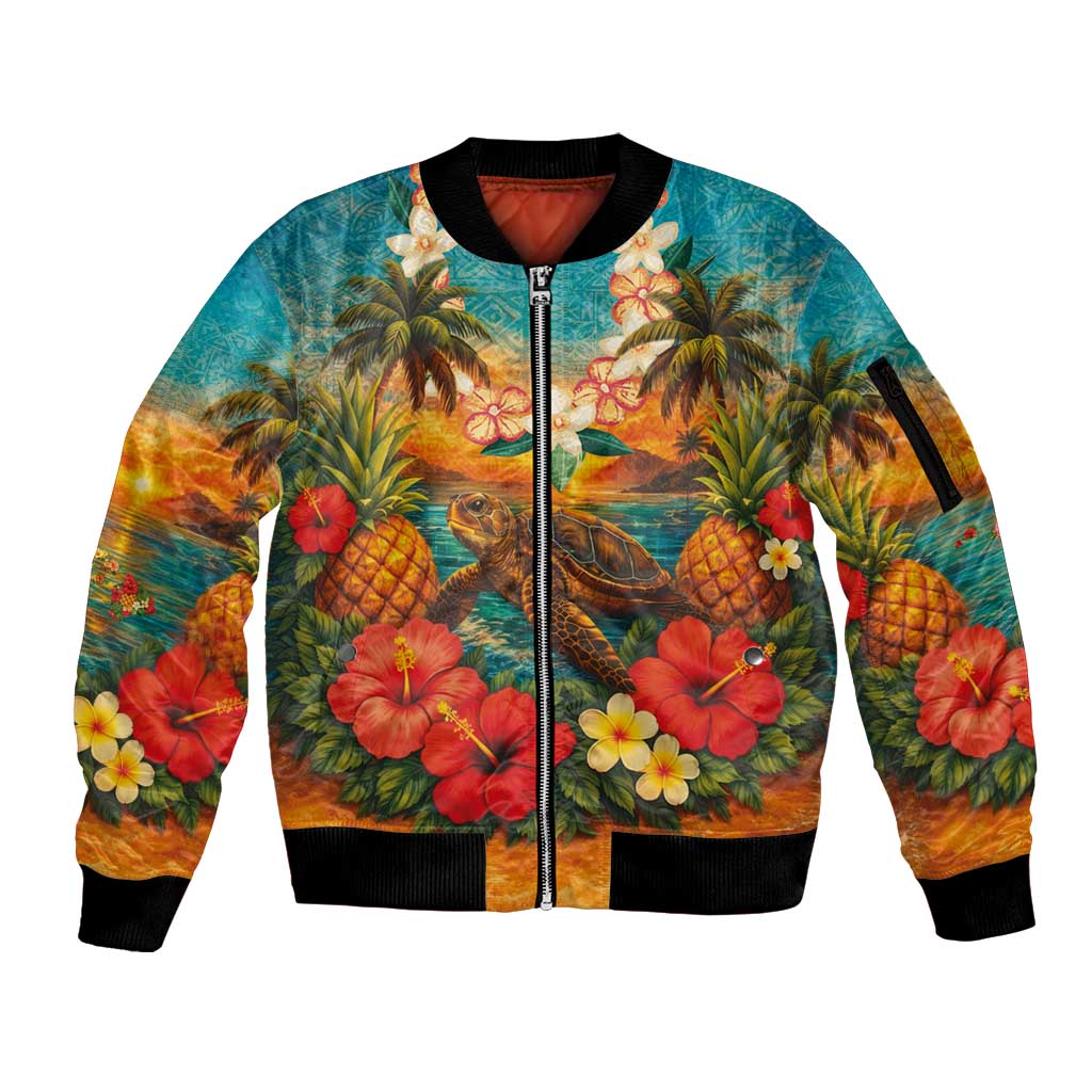 Hawaiian Turtles on Beach Sleeve Zip Bomber Jacket with Pineapple Tropical Plant and Lei LT03 Unisex Multicolor - Polynesian Pride