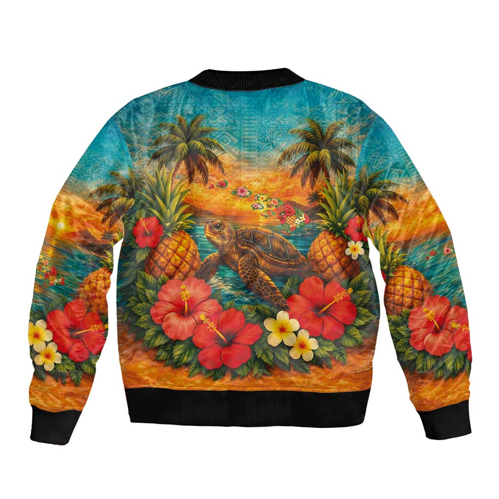 Hawaiian Turtles on Beach Sleeve Zip Bomber Jacket with Pineapple Tropical Plant and Lei LT03 - Polynesian Pride