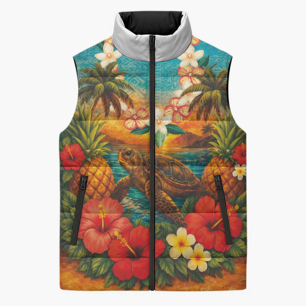 Hawaiian Turtles on Beach Sleeveless Puffer Jacket with Pineapple Tropical Plant and Lei LT03 Unisex Multicolor - Polynesian Pride
