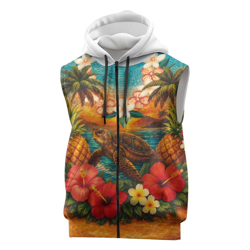 Hawaiian Turtles on Beach Sleeveless Zip Hoodie with Pineapple Tropical Plant and Lei LT03 Multicolor - Polynesian Pride